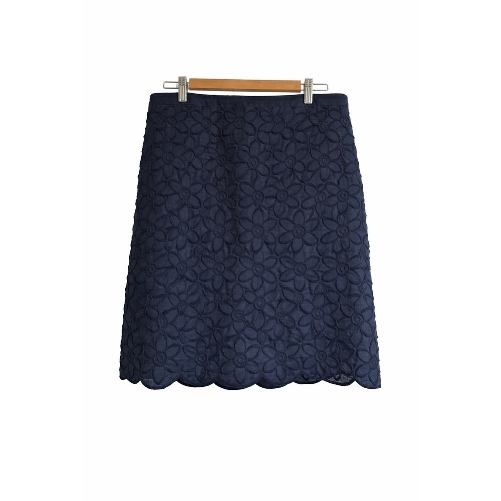 Talbots Skirt 8P Navy Floral Embroidered Linen Scalloped Hem Coastal Preppy